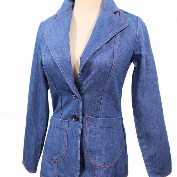 SOLD Vintage Wrangler Fitted Blue Jean Jacket Denim Blazer 2 Buttons - Picture 2 of 4
